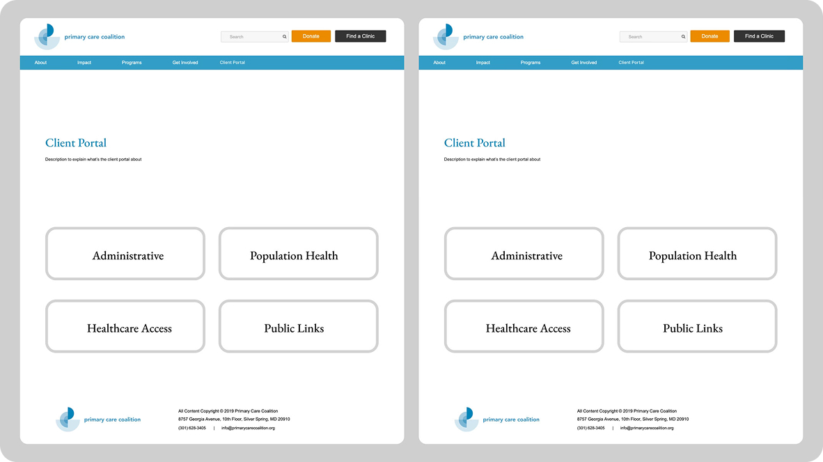 Initial design concept of the redesigned Client Portal landing page